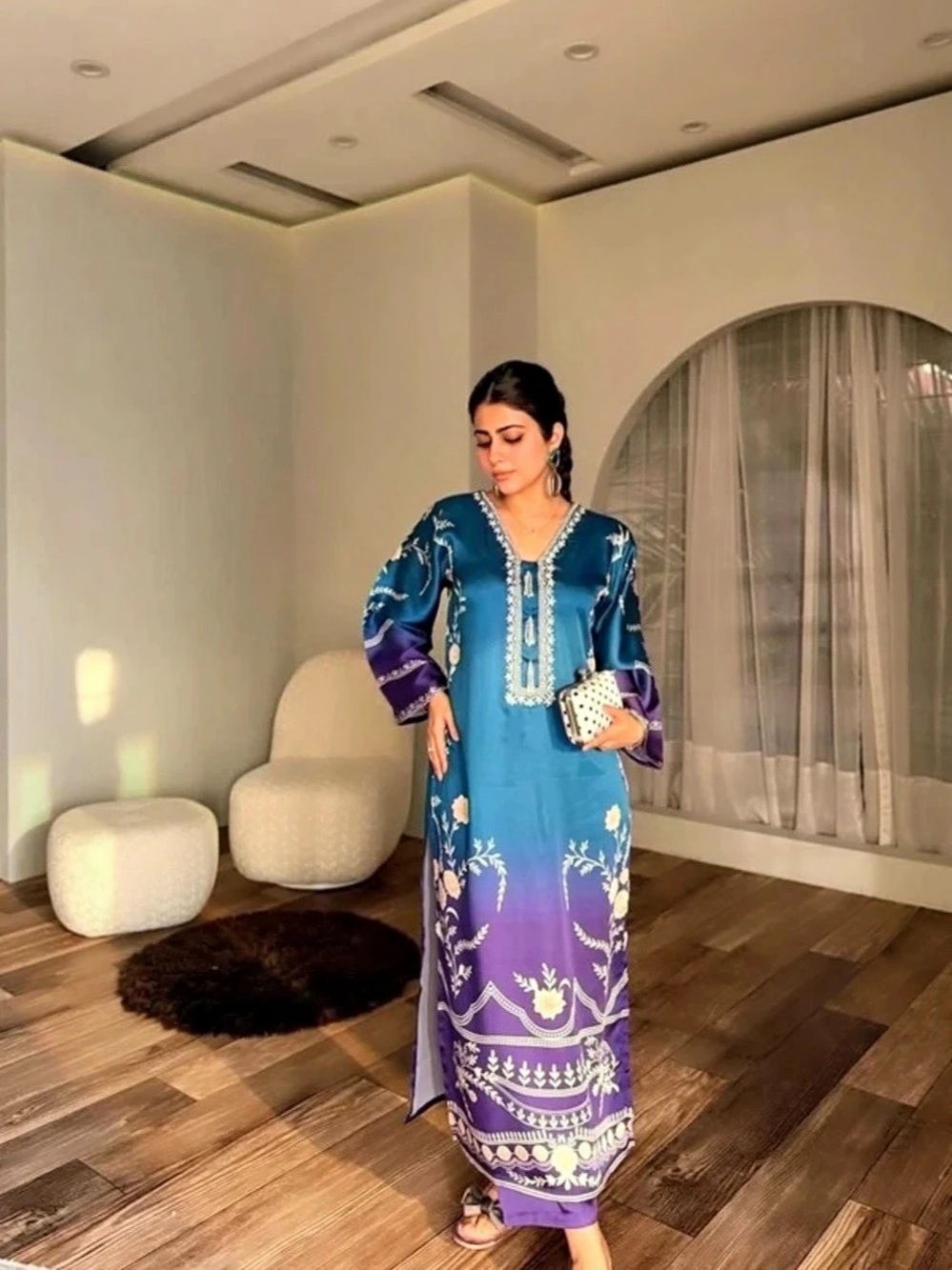 Women's Silk suit 2-piece Kurta set in Blue & Purple